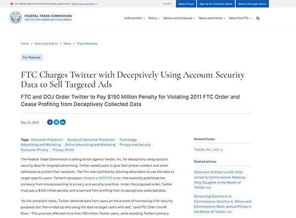 FTC apmokestina „Twitter“ už apgaulingą paskyros saugos duomenų naudojimą parduodant tikslinius skelbimus